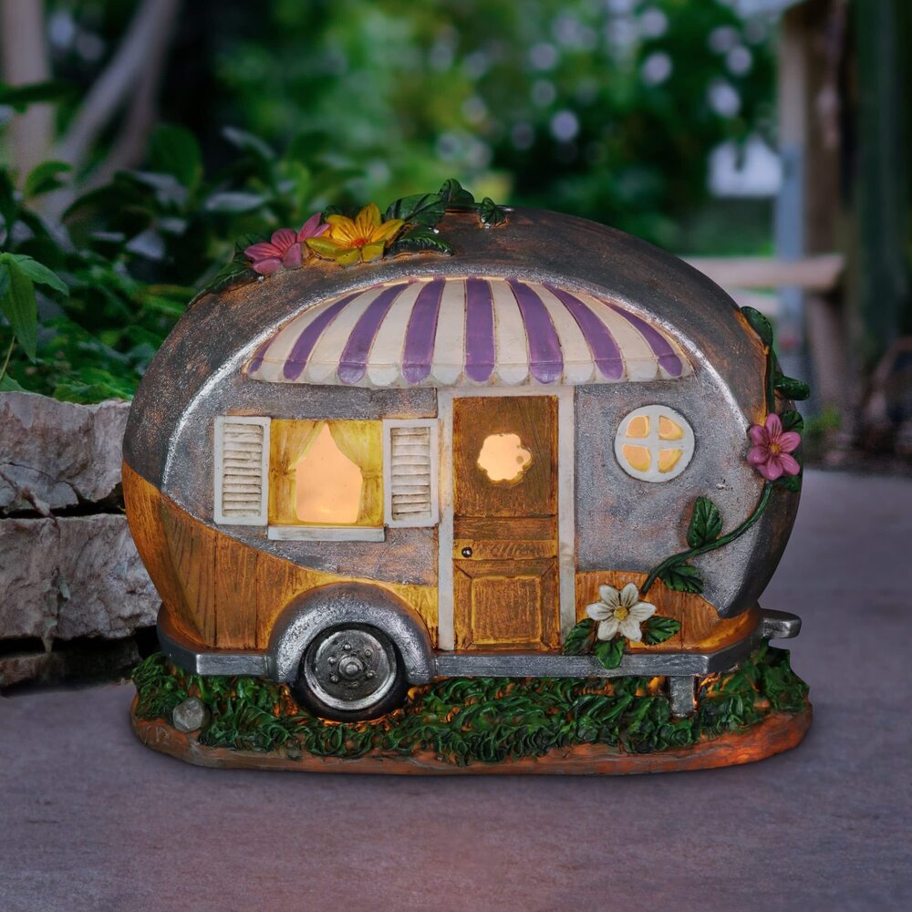 4135 Garden Sculpture, Solar Camping Trailer with Lavender Awning Garden